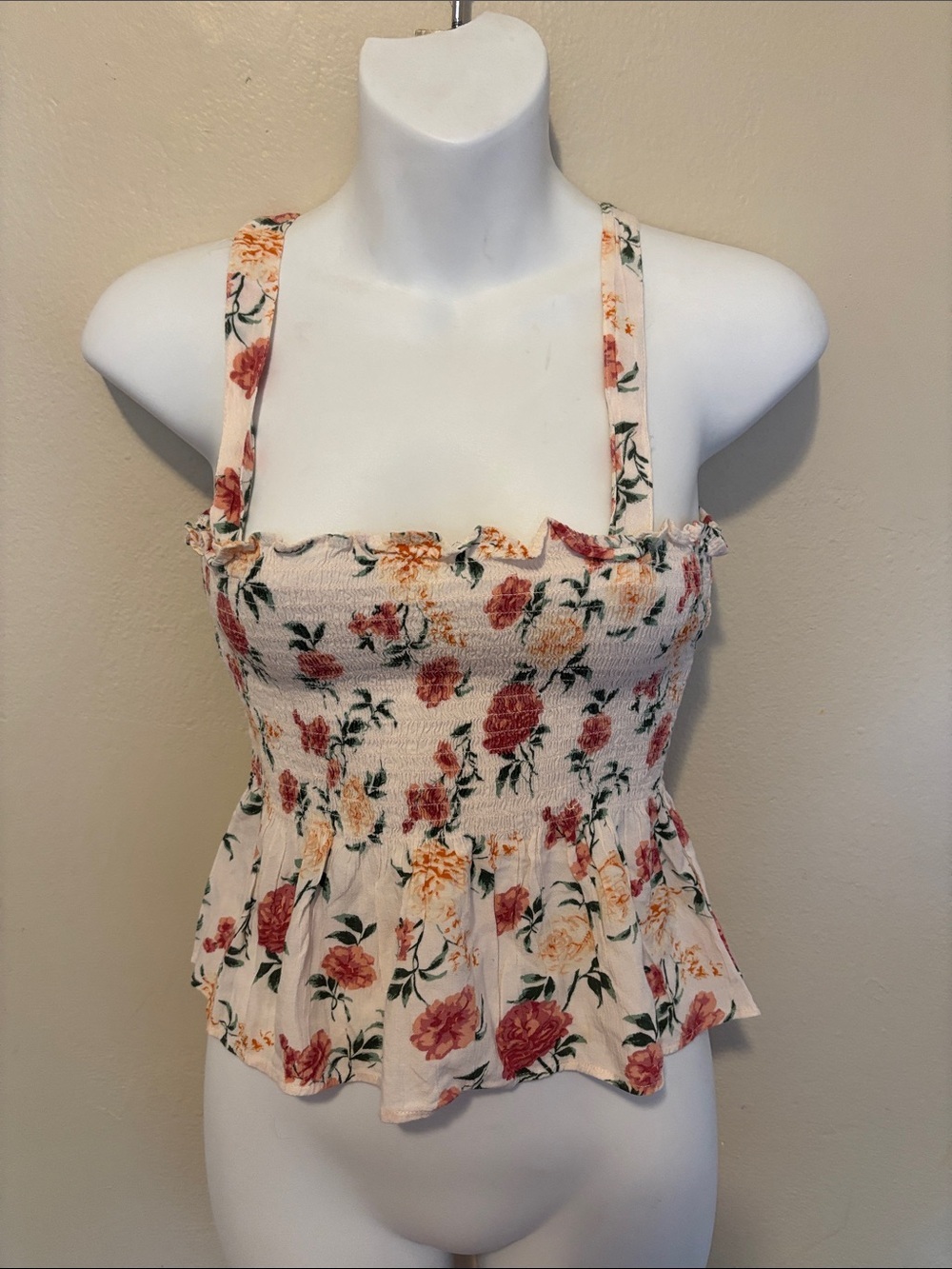 American Eagle Outfitters Cream Floral Smocked Peplum Camisole